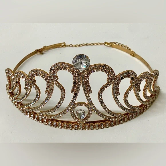 Mid Century Vintage Gold Tone Faux Diamond Jeweled Crown Tiara